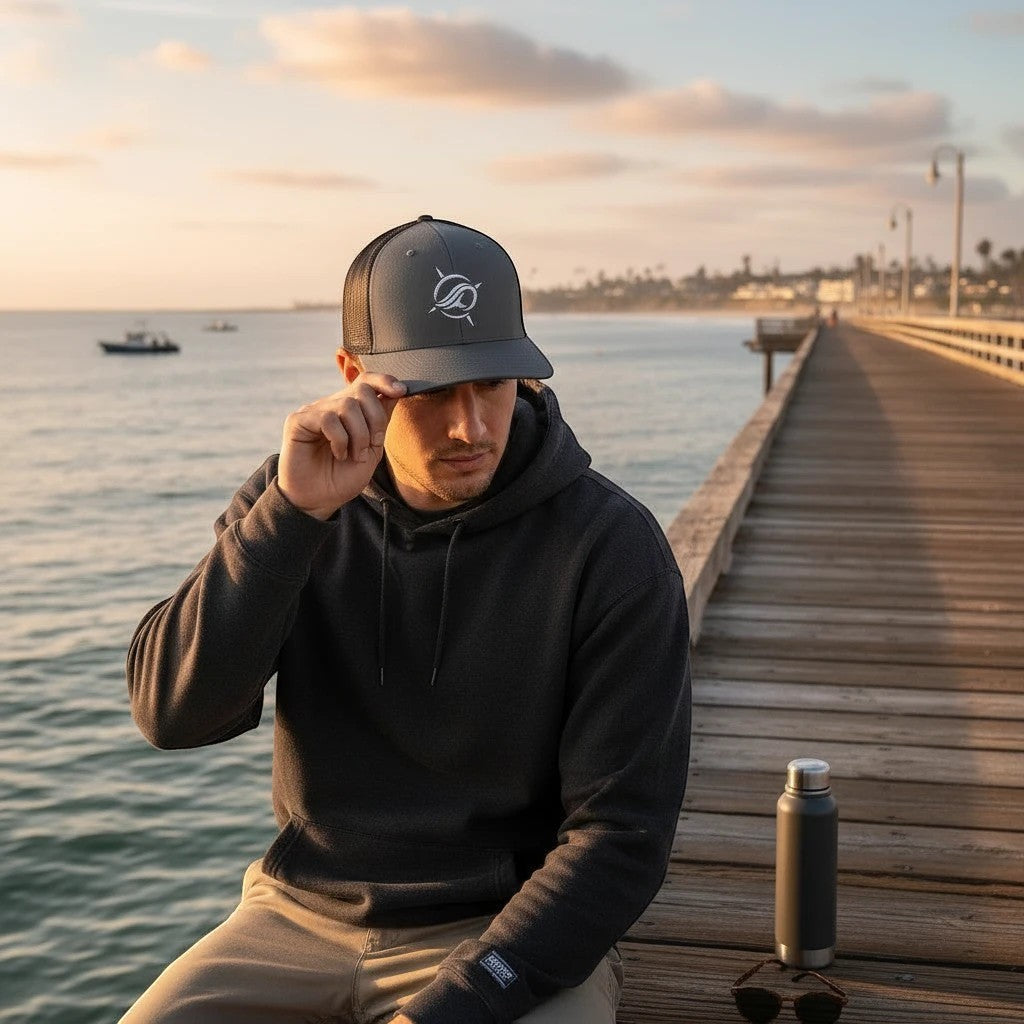 Deepwater Crew Co. dark grey trucker hat with embroidered wave logo, mesh back, and curved brim.