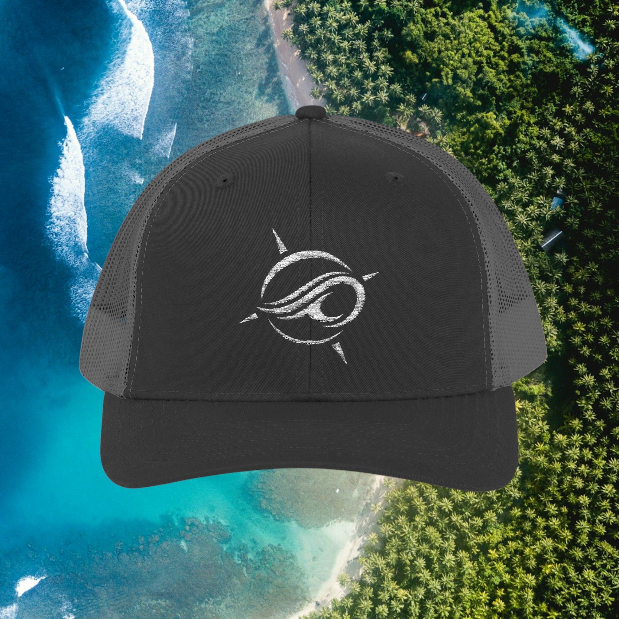 Deepwater Crew Co. dark grey trucker hat with white embroidered wave logo and mesh back.