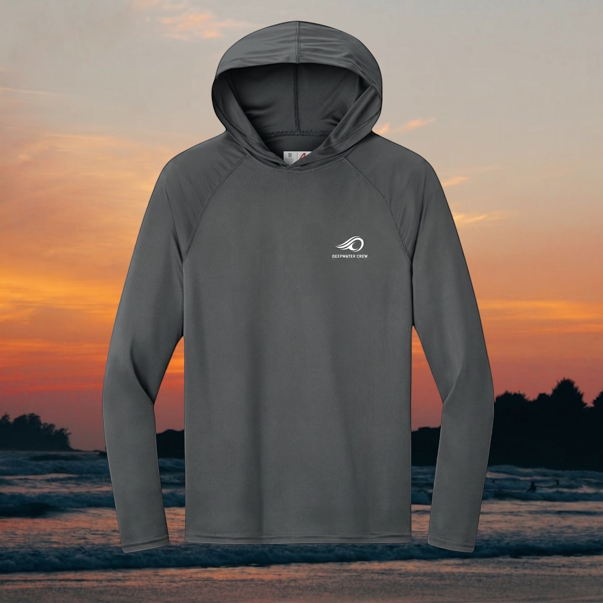 Deepwater Crew Co. dark grey performance UPF hoodie with raglan sleeves and moisture-wicking fabric for sun protection.