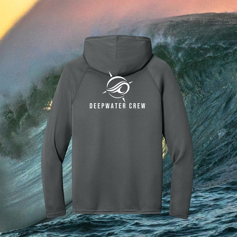 Lightweight dark gray Deepwater Crew UPF 44+ performance hoodie with white wave-and-compass logo and Deepwater Crew back graphic.