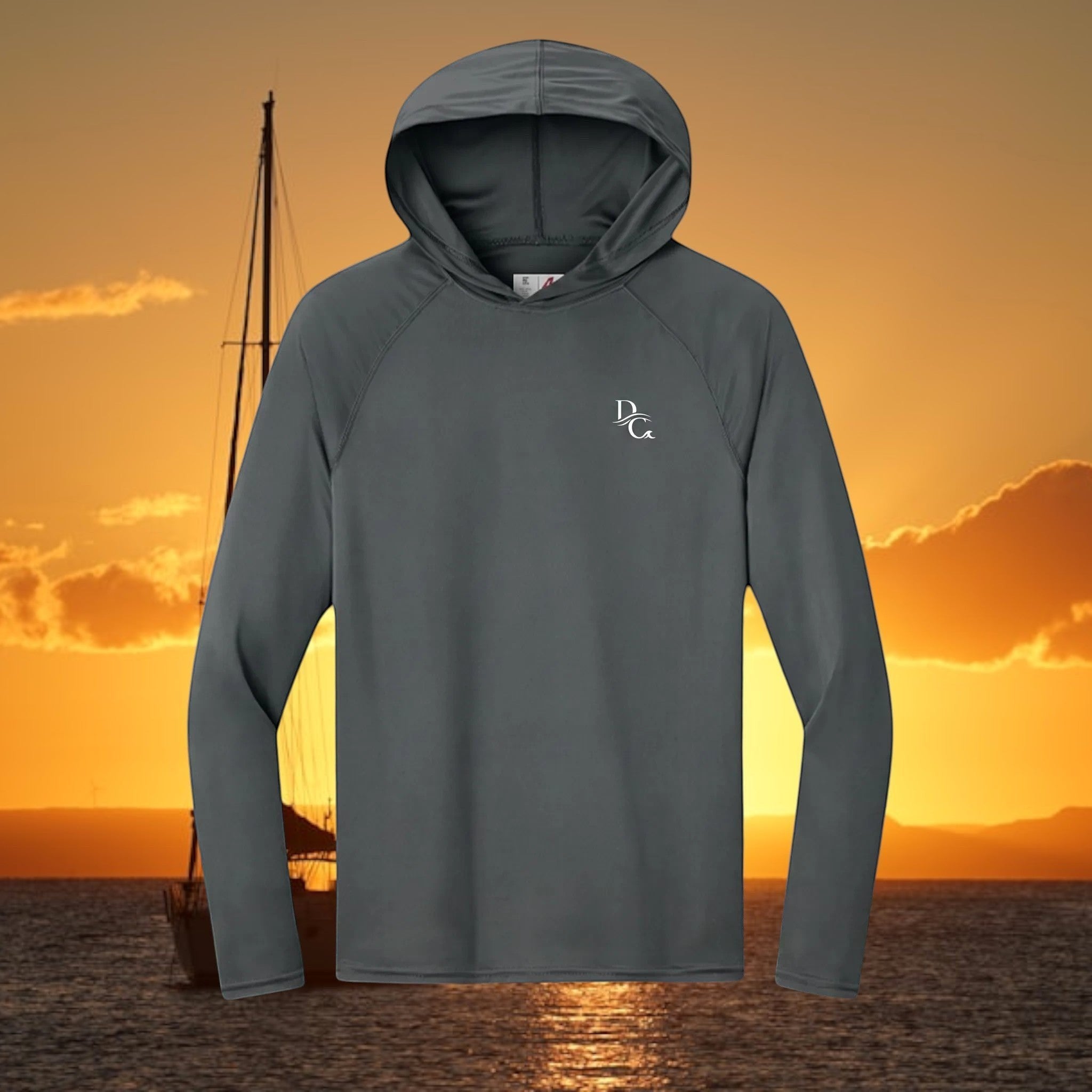 Deepwater Crew Co. dark grey performance UPF hoodie with raglan sleeves and moisture-wicking fabric for sun protection.