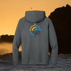 Deepwater Crew Co. dark grey performance UPF hoodie with a colorful compass and wave logo on the back.