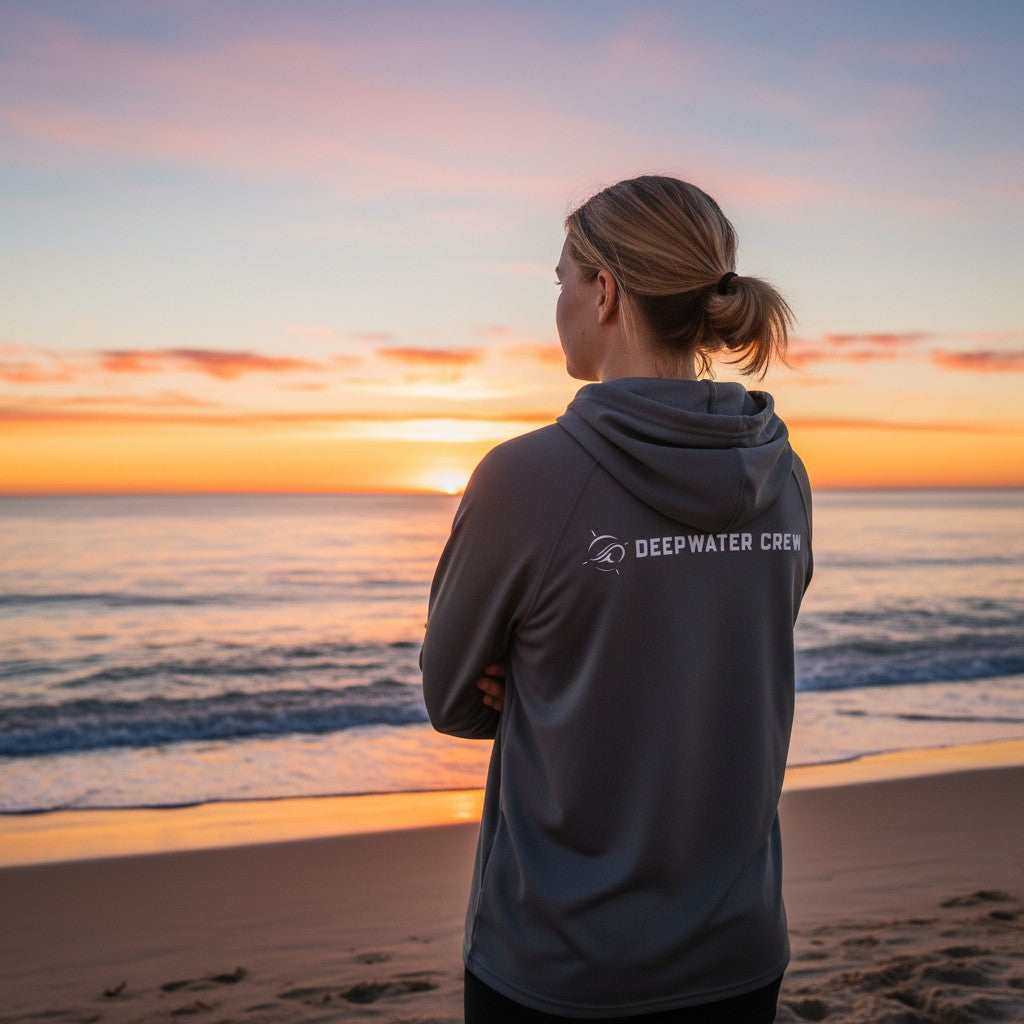 Woman wearing a Deepwater Crew Co. dark grey long-sleeve UV performance hoodie standing on a beach at sunset.