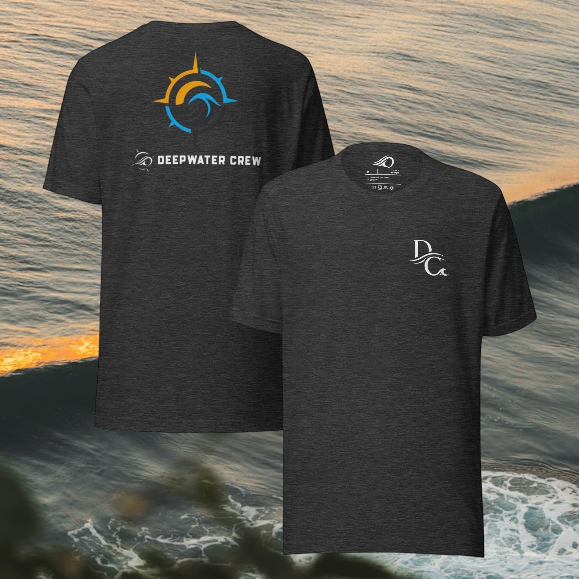 Deepwater Crew Co. dark heather grey crew neck t-shirt with white DC logo on front and graphic logo with text on back.