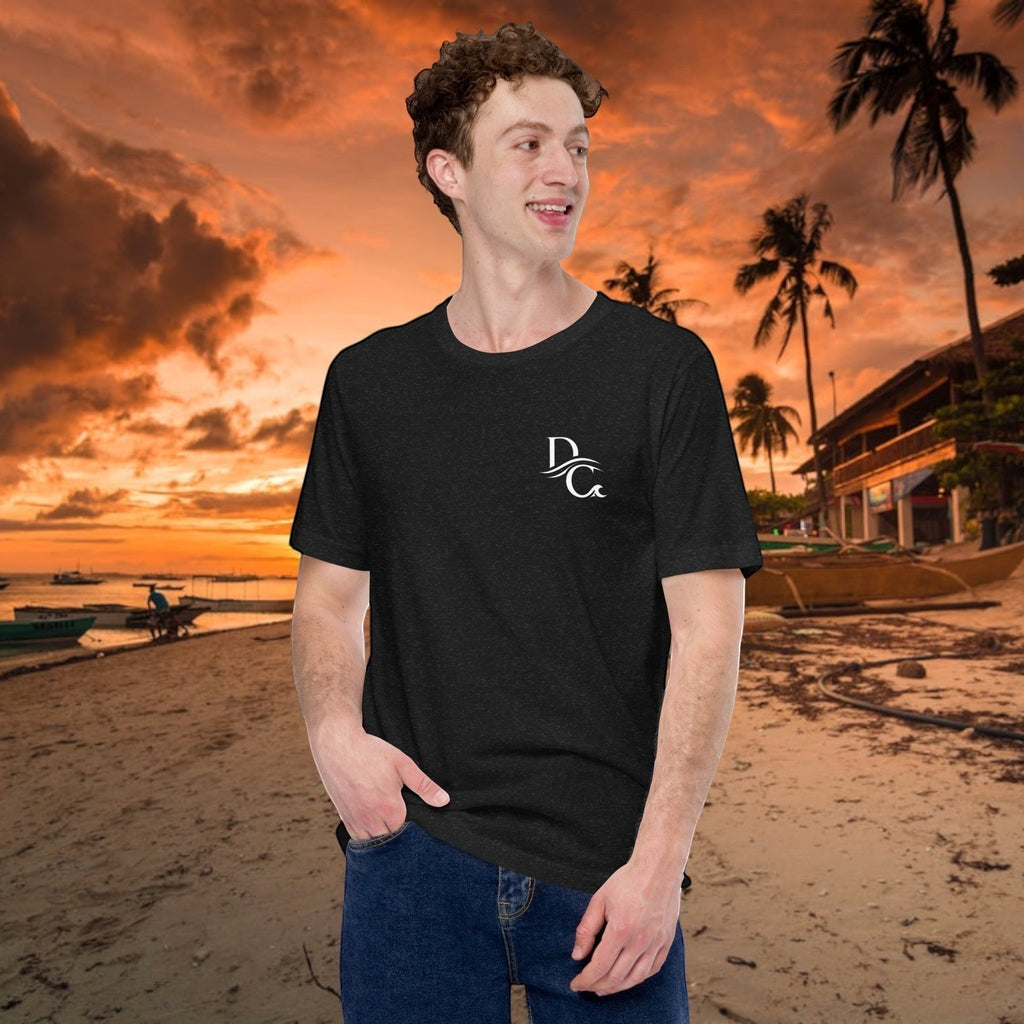Deepwater Crew Co. dark heather grey crew neck t-shirt with white DC logo on chest. Model wears jeans.
