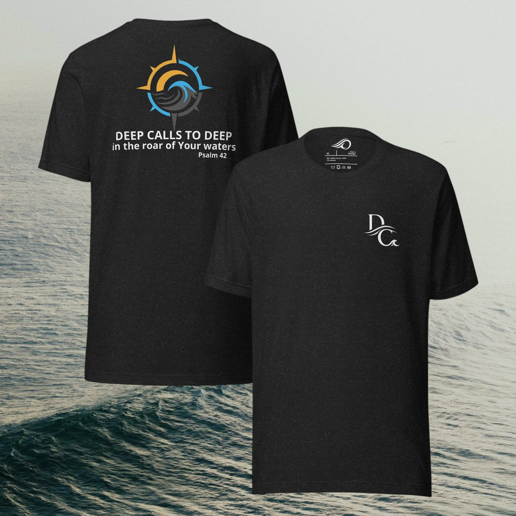 Deepwater Crew Co. dark heather crew neck t-shirt with compass graphic and text on back, DC logo on front. 100% cotton.
