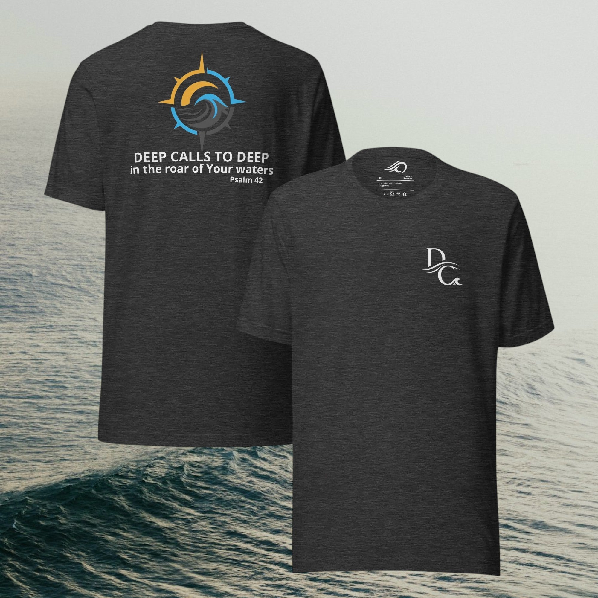 Deepwater Crew Co. dark heather grey crew neck t-shirt with a compass graphic and text on back. 100% cotton.