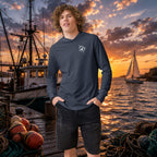 Deepwater Crew Co. men's dark heather grey long-sleeve hooded tee with white logo on chest, regular fit, crossover V-neck.
