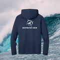 Deepwater Crew Co. dark navy long-sleeve performance hoodie with white logo on back against a wave background.