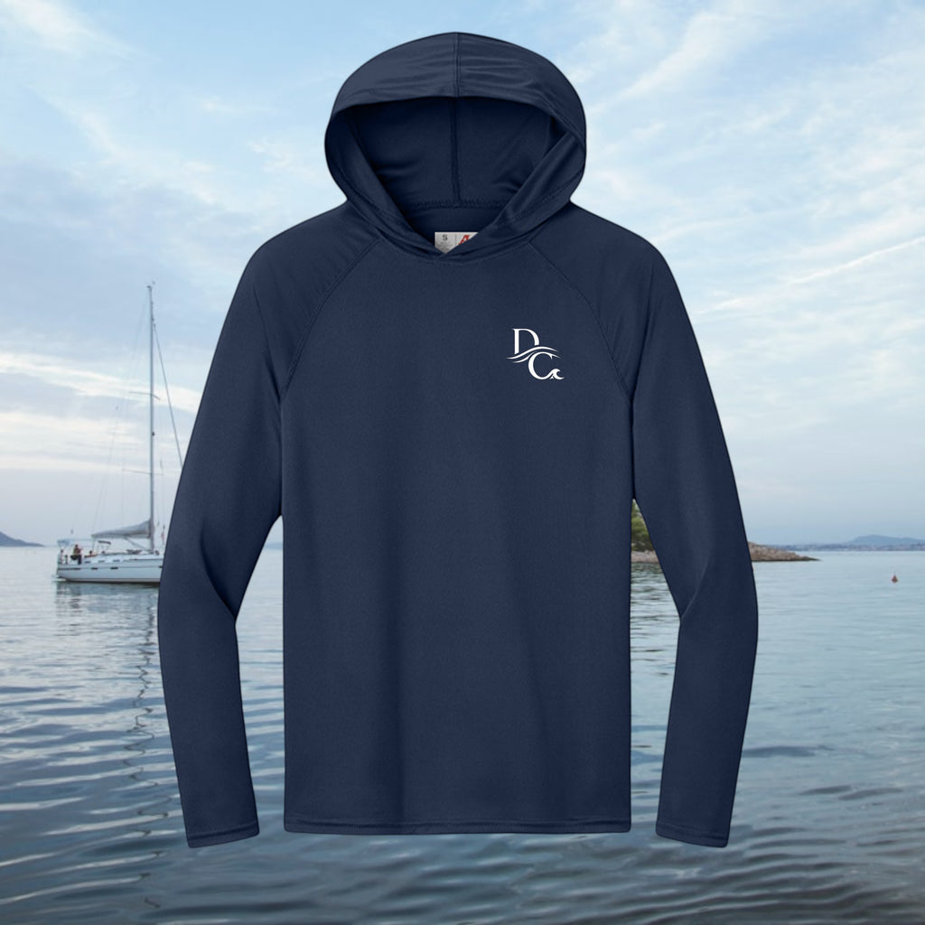 Deepwater Crew Co. dark navy performance sun hoodie with white logo on chest, featuring moisture-wicking fabric.