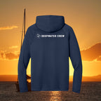 Deepwater Crew Co. dark navy performance UPF hoodie with white logo on back, featuring moisture-wicking fabric.