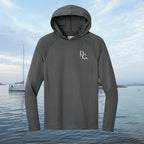 Deepwater Crew Co. dark grey performance sun hoodie with UPF 44+ protection and white logo on chest