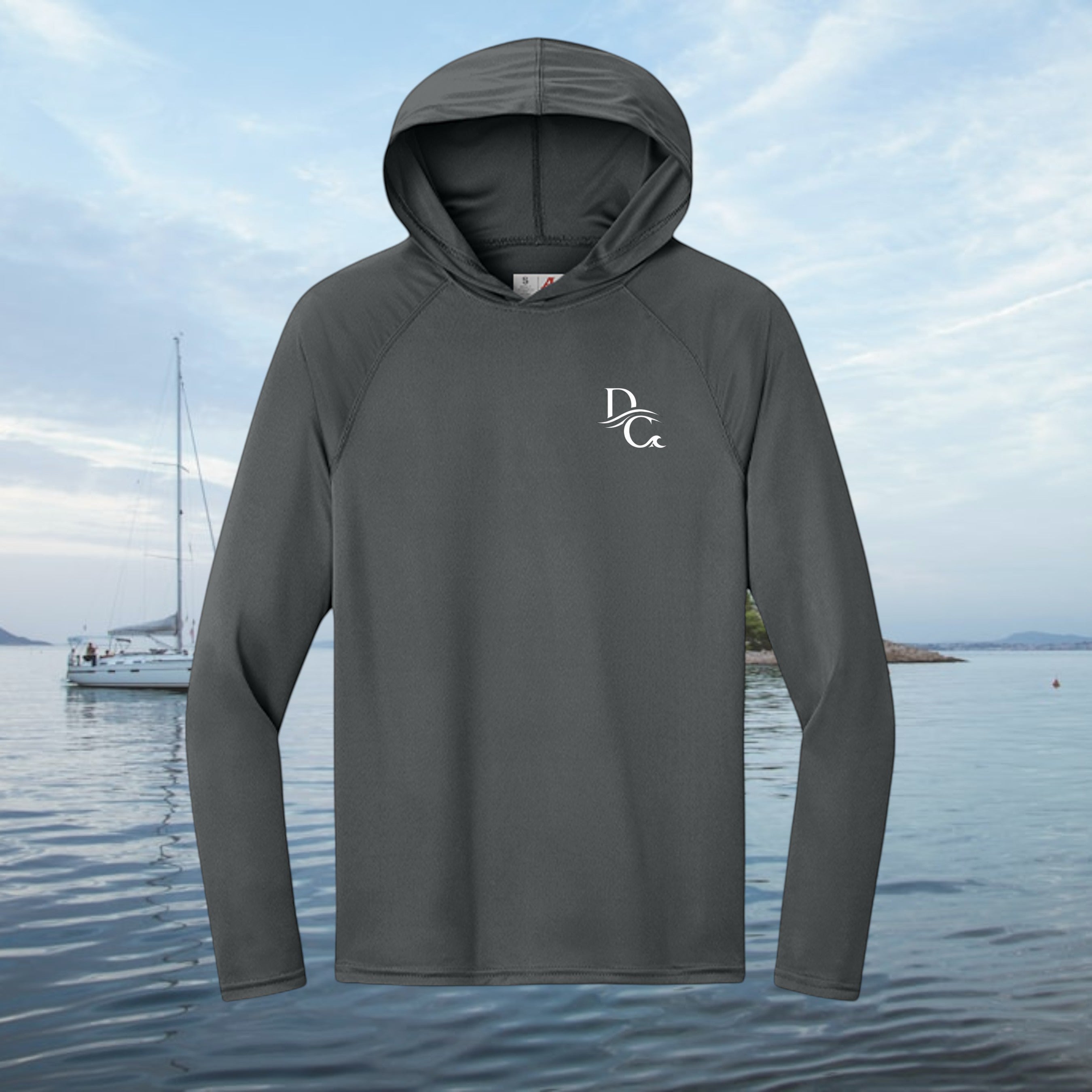 Deepwater Crew Co. dark grey performance sun hoodie with UPF 44+ protection and white logo on chest