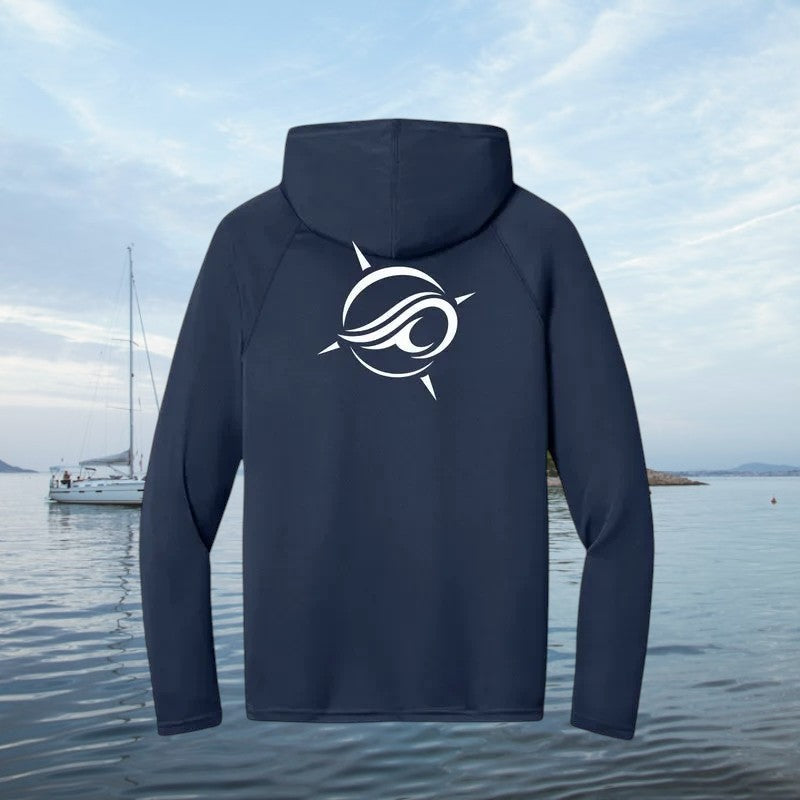 Deepwater Crew Co. dark navy performance sun hoodie with white logo on back, featuring UPF 44+ recycled fabric.