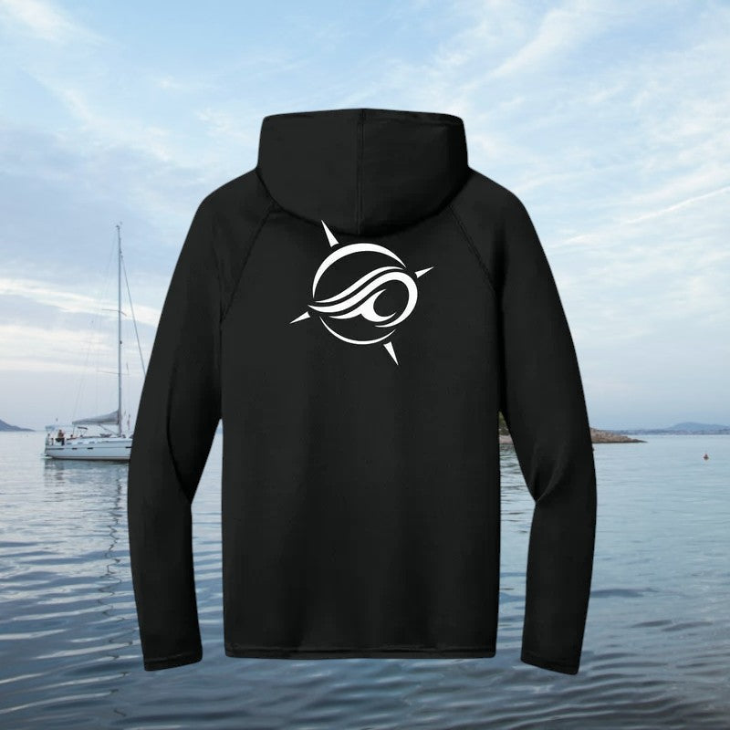 Deepwater Crew Co. dark performance sun hoodie with white logo on back, featuring moisture-wicking recycled fabric.