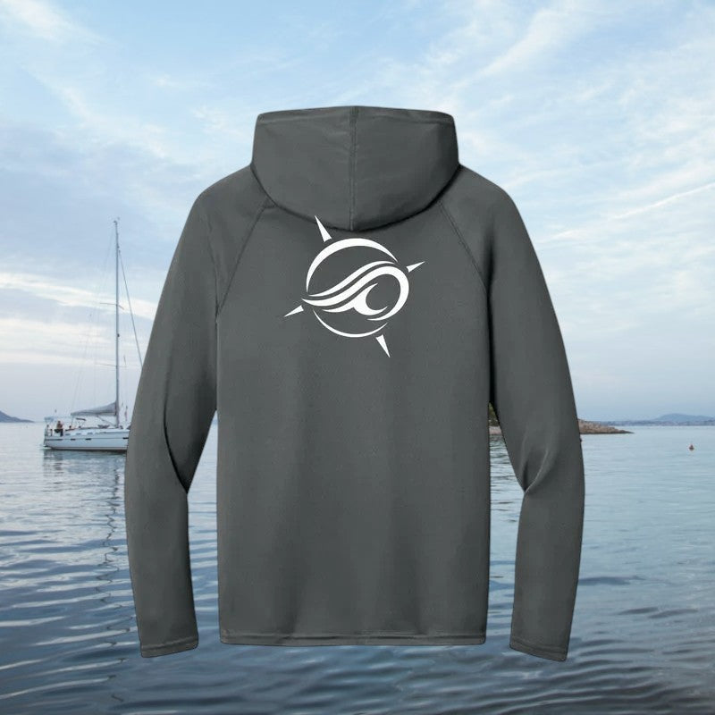 Deepwater Crew Co. dark grey performance sun hoodie with white logo on back, featuring UPF 44+ recycled fabric.