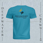 Aqua Deepwater Crew Co. Deep 2 Deep crewneck T-shirt, back view with compass, ocean wave and sun graphic featuring the “Deep Calls to Deep” Psalm 42 scripture design.