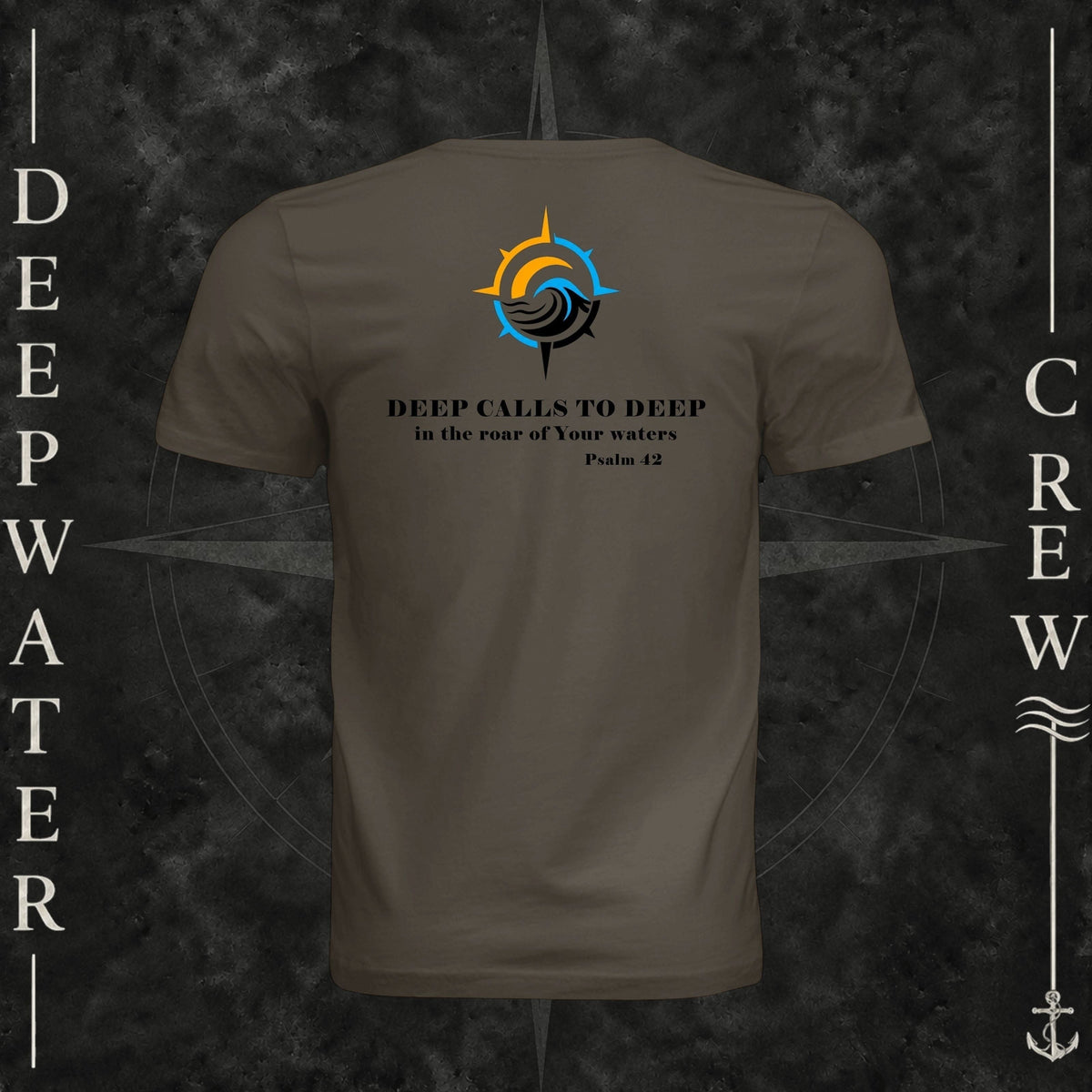 Army Deepwater Crew Co. Deep 2 Deep crewneck T-shirt, back view with compass, ocean wave and sun graphic featuring the “Deep Calls to Deep” Psalm 42 scripture design.
