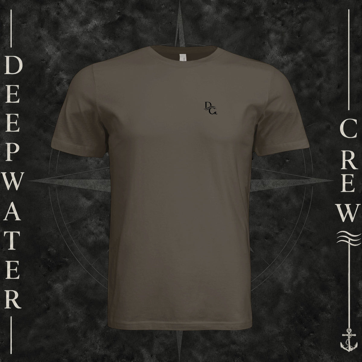Army Deepwater Crew Co. Deep 2 Deep crewneck T-shirt, front view with small DC wave chest logo.