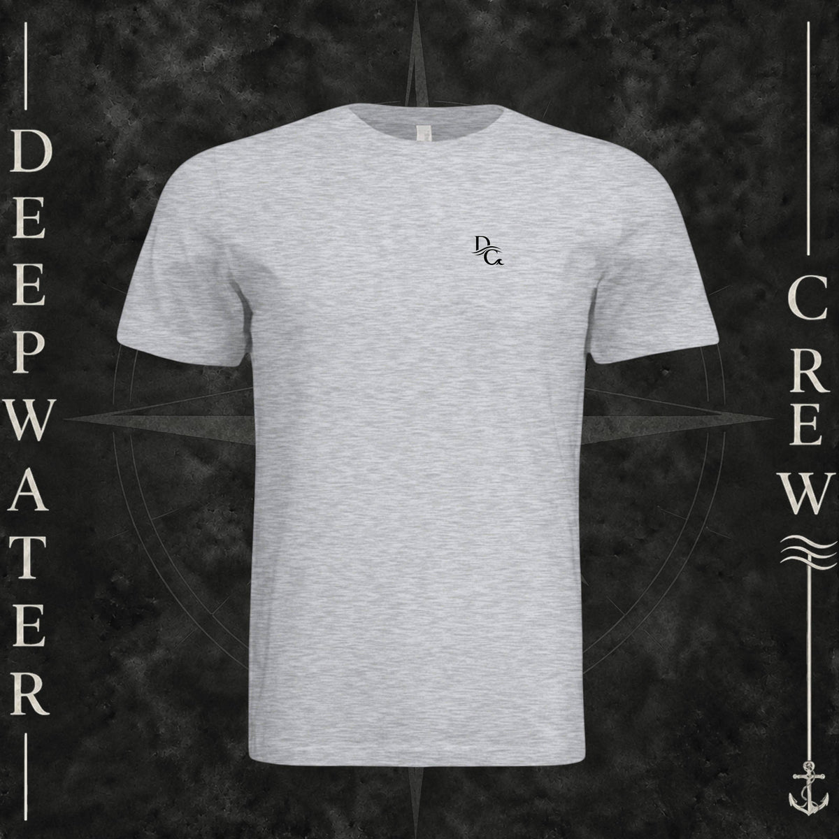 Ash Deepwater Crew Co. Deep 2 Deep crewneck T-shirt, front view with small DC wave chest logo.