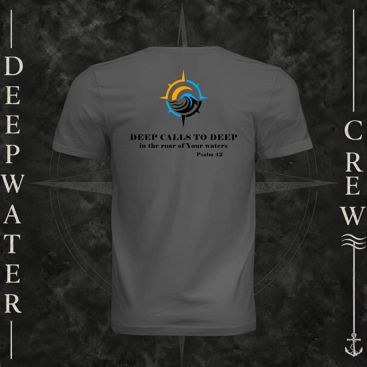 Asphalt Deepwater Crew Co. Deep 2 Deep crewneck T-shirt, back view with compass, ocean wave and sun graphic featuring the “Deep Calls to Deep” Psalm 42 scripture design.