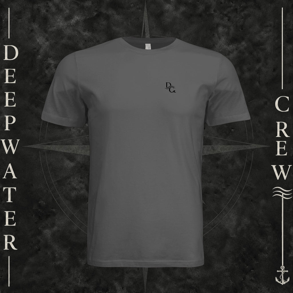 Asphalt Deepwater Crew Co. Deep 2 Deep crewneck T-shirt, front view with small DC wave chest logo.