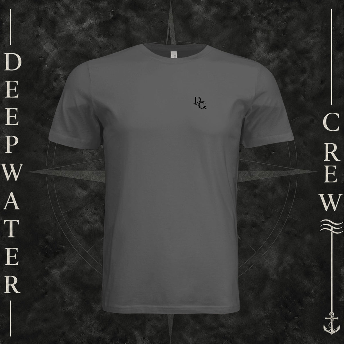 Asphalt Deepwater Crew Co. Deep 2 Deep crewneck T-shirt, front view with small DC wave chest logo.