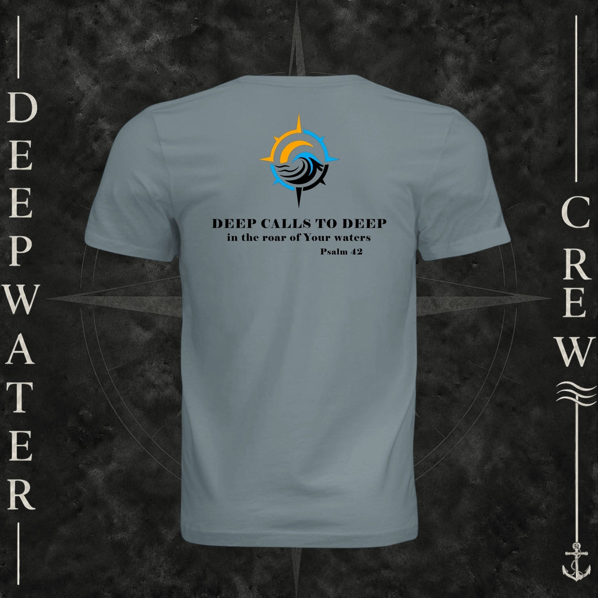 Blue Storm Deepwater Crew Co. Deep 2 Deep crewneck T-shirt, back view with compass, ocean wave and sun graphic featuring the “Deep Calls to Deep” Psalm 42 scripture design.