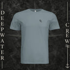 Blue Storm Deepwater Crew Co. Deep 2 Deep crewneck T-shirt, front view with small DC wave chest logo.