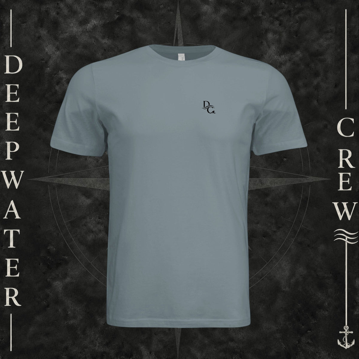 Blue Storm Deepwater Crew Co. Deep 2 Deep crewneck T-shirt, front view with small DC wave chest logo.