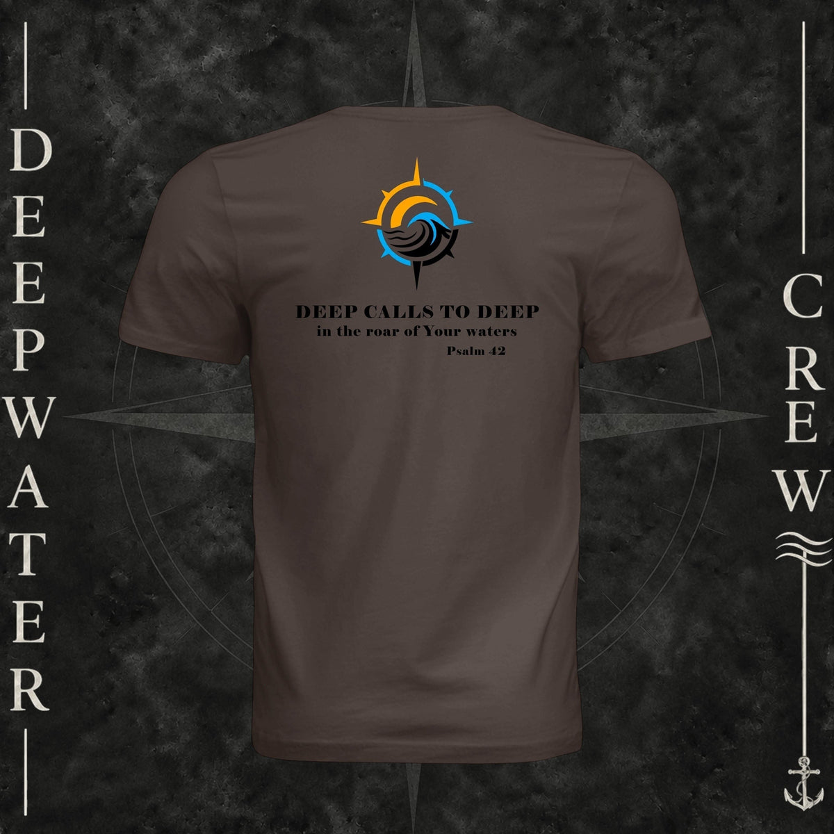 Brown Deepwater Crew Co. Deep 2 Deep crewneck T-shirt, back view with compass, ocean wave and sun graphic featuring the “Deep Calls to Deep” Psalm 42 scripture design.
