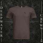Brown Deepwater Crew Co. Deep 2 Deep crewneck T-shirt, front view with small DC wave chest logo.