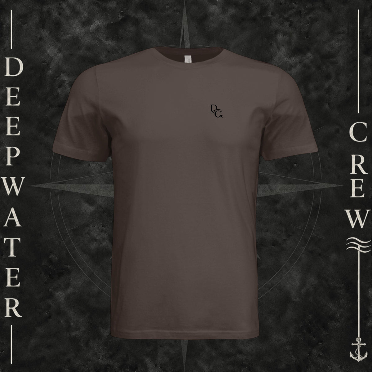 Brown Deepwater Crew Co. Deep 2 Deep crewneck T-shirt, front view with small DC wave chest logo.