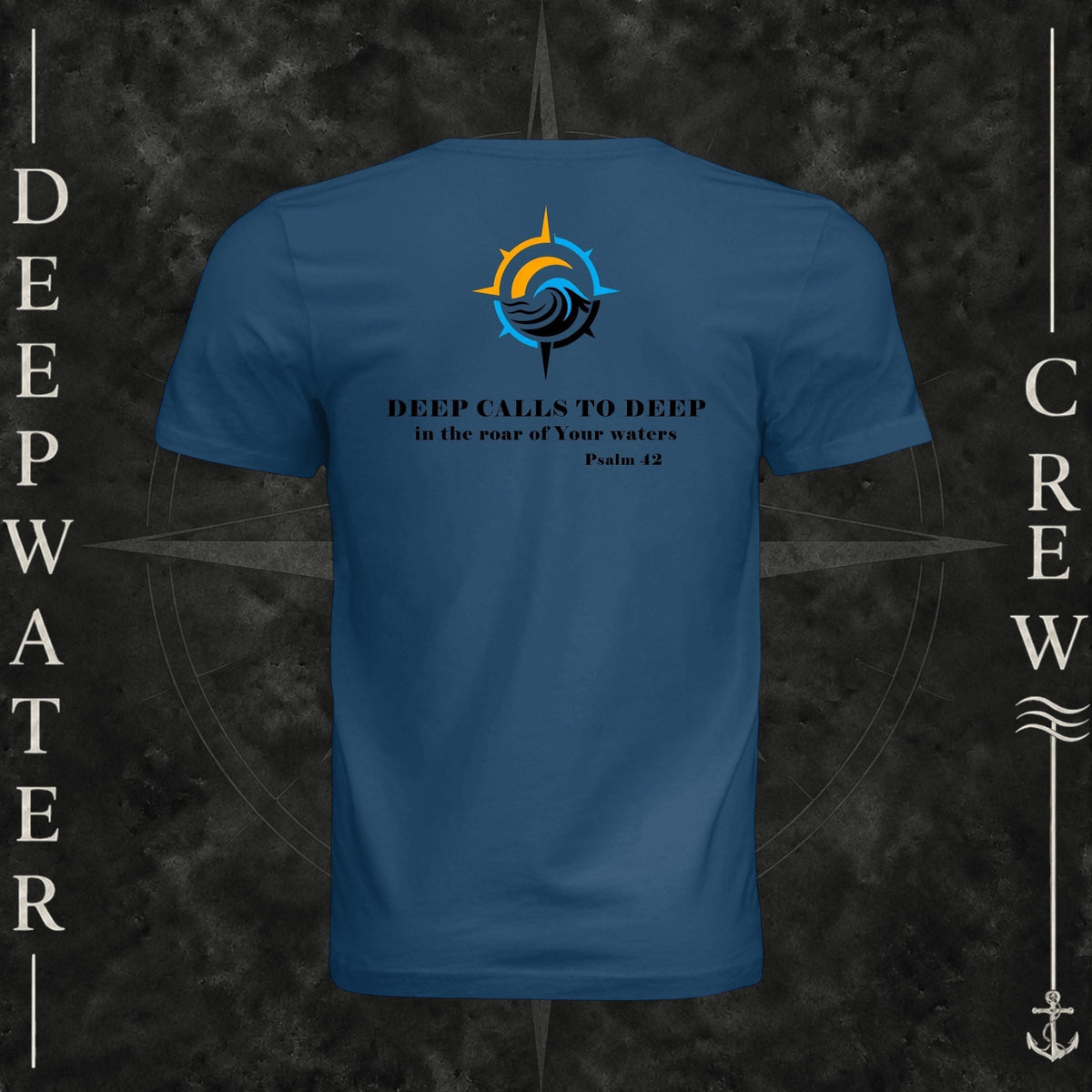 Cool Blue Deepwater Crew Co. Deep 2 Deep crewneck T-shirt, back view with compass, ocean wave and sun graphic featuring the “Deep Calls to Deep” Psalm 42 scripture design.