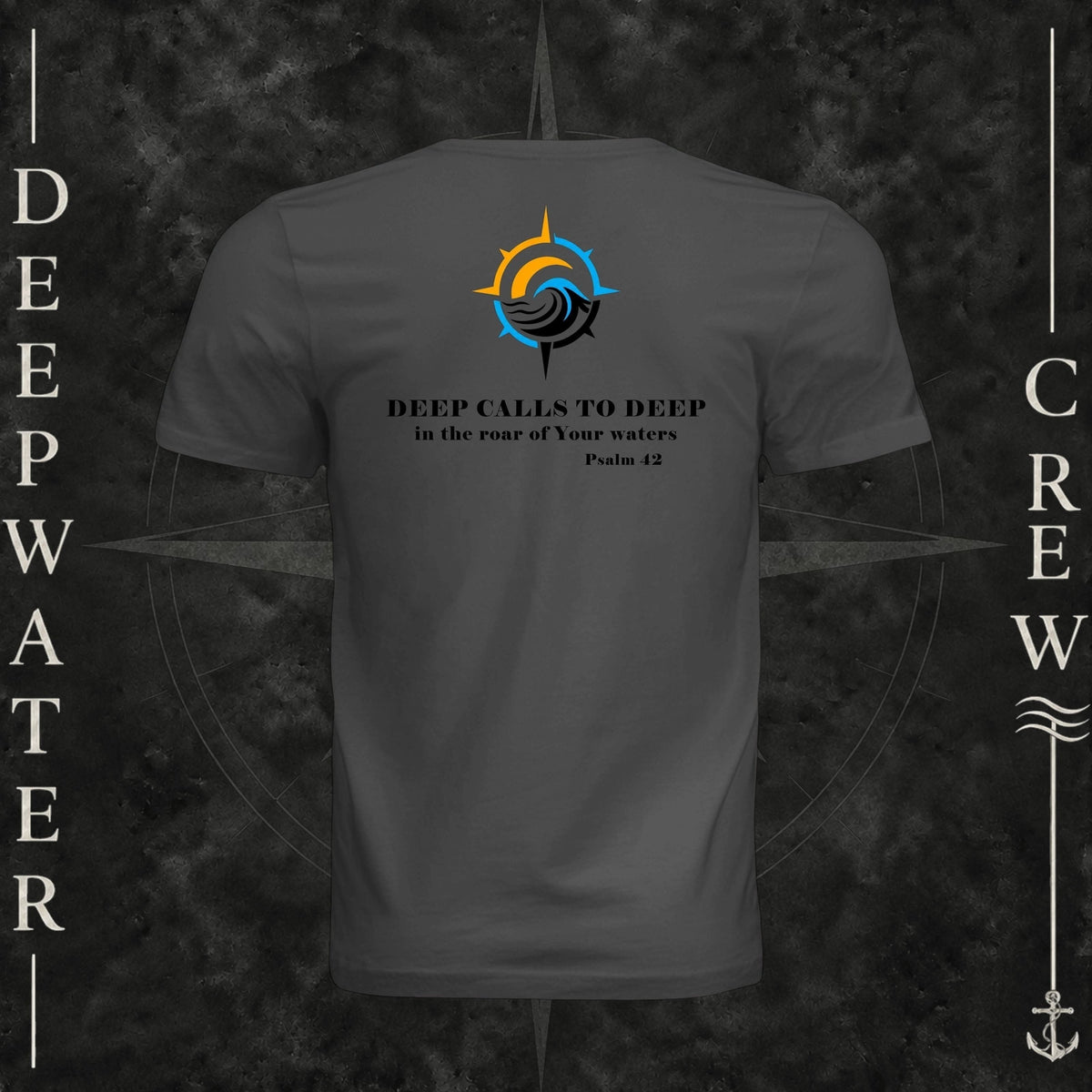Dark Gray Deepwater Crew Co. Deep 2 Deep crewneck T-shirt, back view with compass, ocean wave and sun graphic featuring the “Deep Calls to Deep” Psalm 42 scripture design.