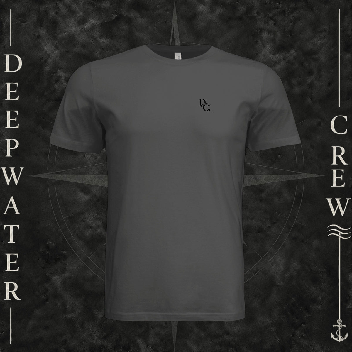 Dark Gray Deepwater Crew Co. Deep 2 Deep crewneck T-shirt, front view with small DC wave chest logo.