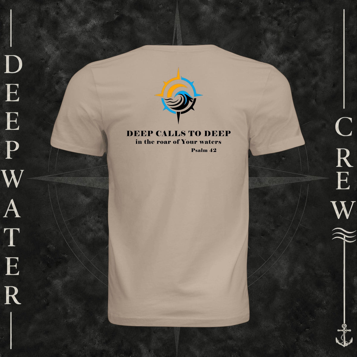 Dust Deepwater Crew Co. Deep 2 Deep crewneck T-shirt, back view with compass, ocean wave and sun graphic featuring the “Deep Calls to Deep” Psalm 42 scripture design.