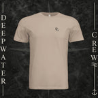 Dust Deepwater Crew Co. Deep 2 Deep crewneck T-shirt, front view with small DC wave chest logo.