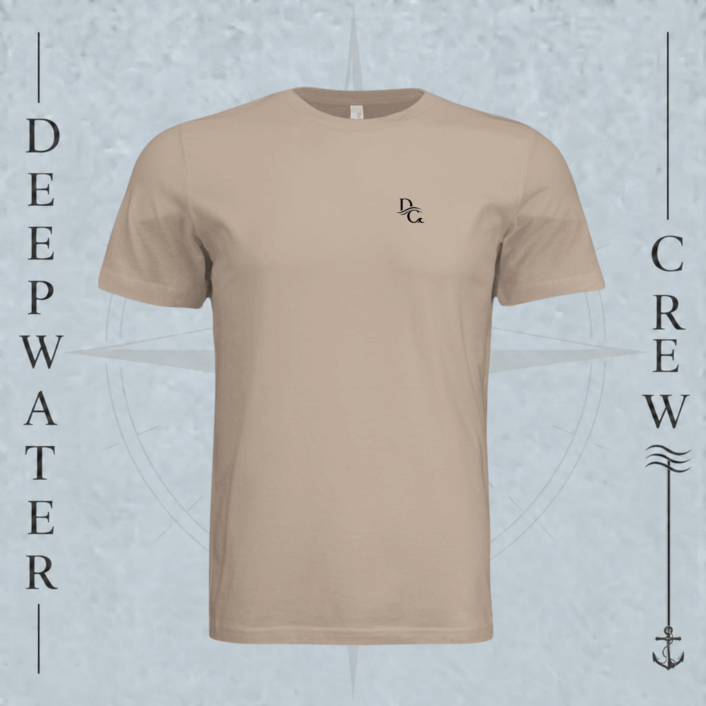 Dust Deepwater Crew Co. Deep 2 Deep crewneck T-shirt, front view with small DC wave chest logo.