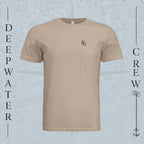 Dust Deepwater Crew Co. Deep 2 Deep crewneck T-shirt, front view with small DC wave chest logo.