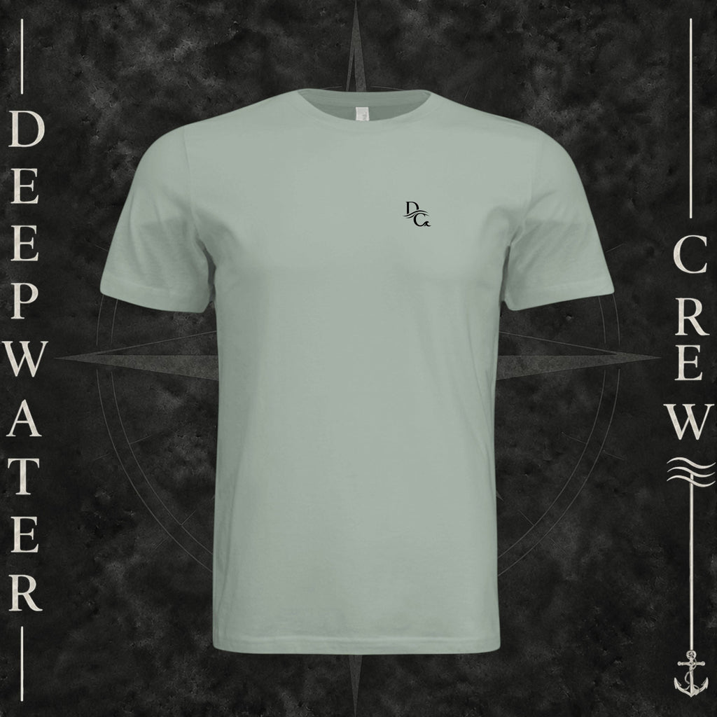 Dusty Blue Deepwater Crew Co. Deep 2 Deep crewneck T-shirt, front view with small DC wave chest logo.