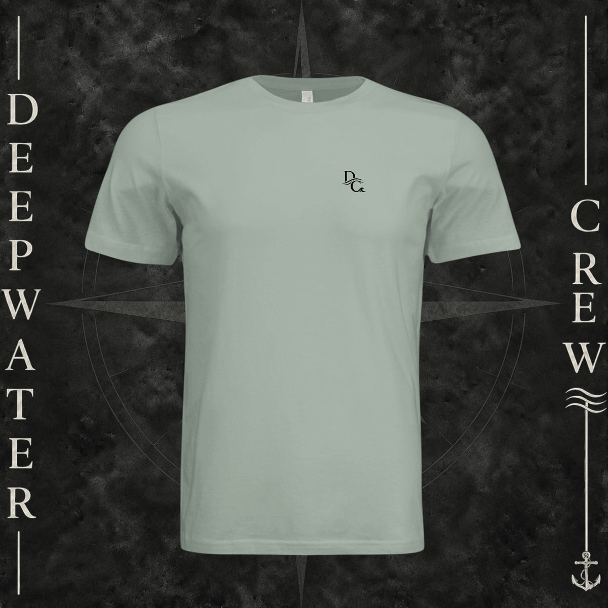 Dusty Blue Deepwater Crew Co. Deep 2 Deep crewneck T-shirt, front view with small DC wave chest logo.