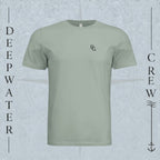 Dusty Blue Deepwater Crew Co. Deep 2 Deep crewneck T-shirt, front view with small DC wave chest logo.