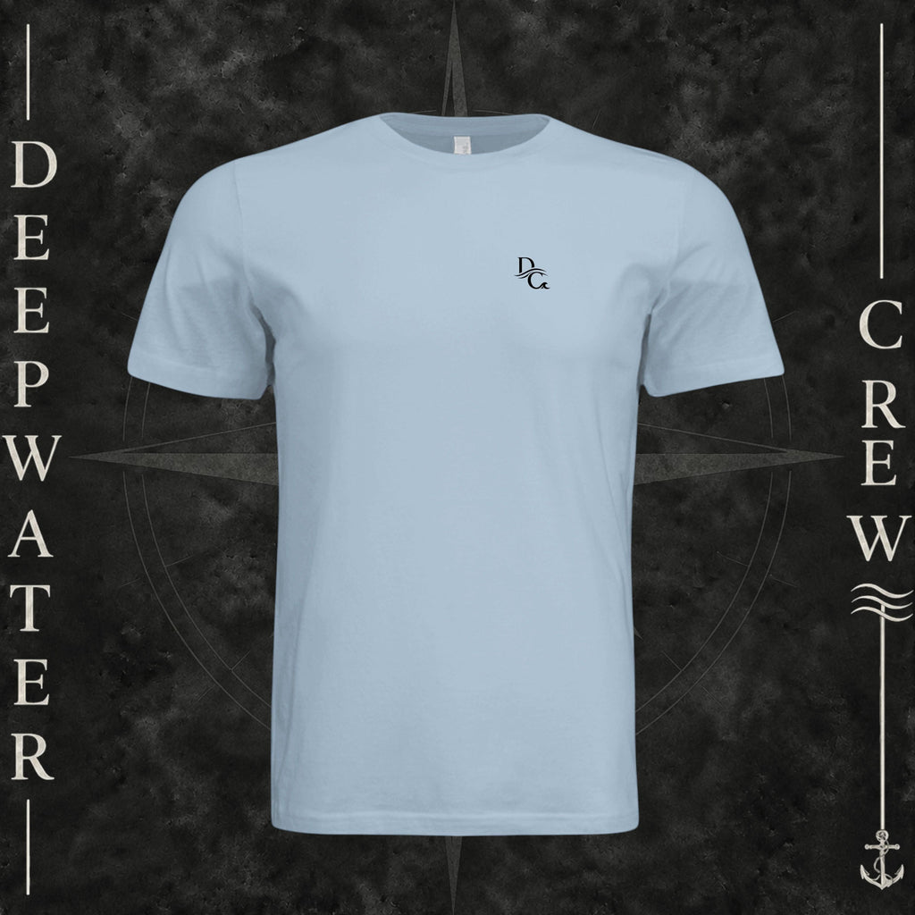 Light Blue Deepwater Crew Co. Deep 2 Deep crewneck T-shirt, front view with small DC wave chest logo.