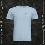 Light Blue Deepwater Crew Co. Deep 2 Deep crewneck T-shirt, front view with small DC wave chest logo.