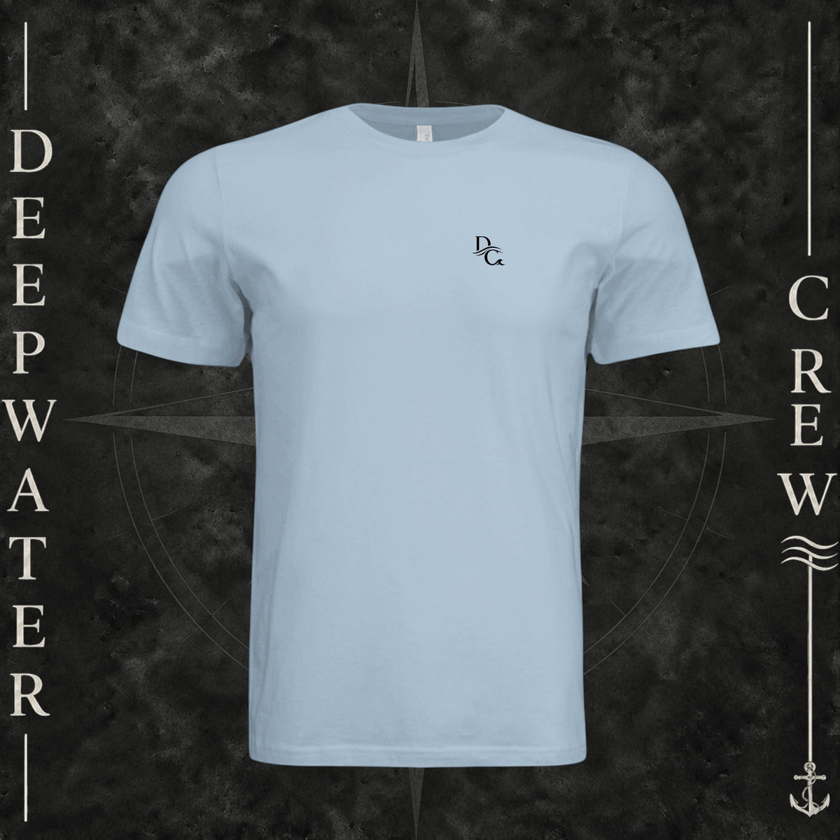 Light Blue Deepwater Crew Co. Deep 2 Deep crewneck T-shirt, front view with small DC wave chest logo.
