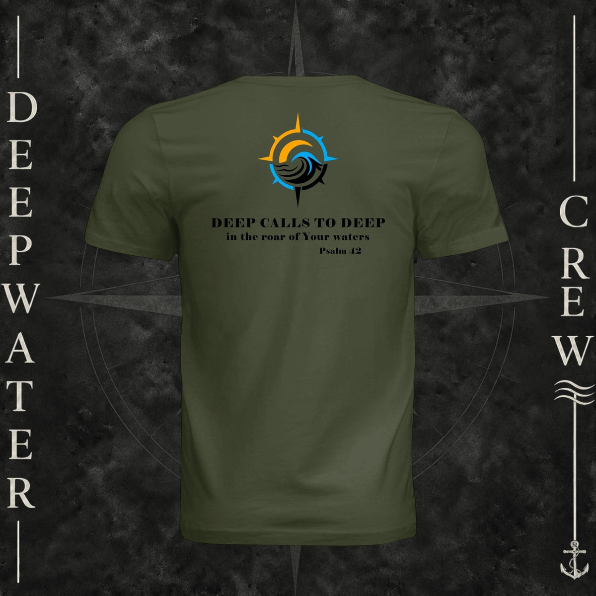 Military Green Deepwater Crew Co. Deep 2 Deep crewneck T-shirt, back view with compass, ocean wave and sun graphic featuring the “Deep Calls to Deep” Psalm 42 scripture design.
