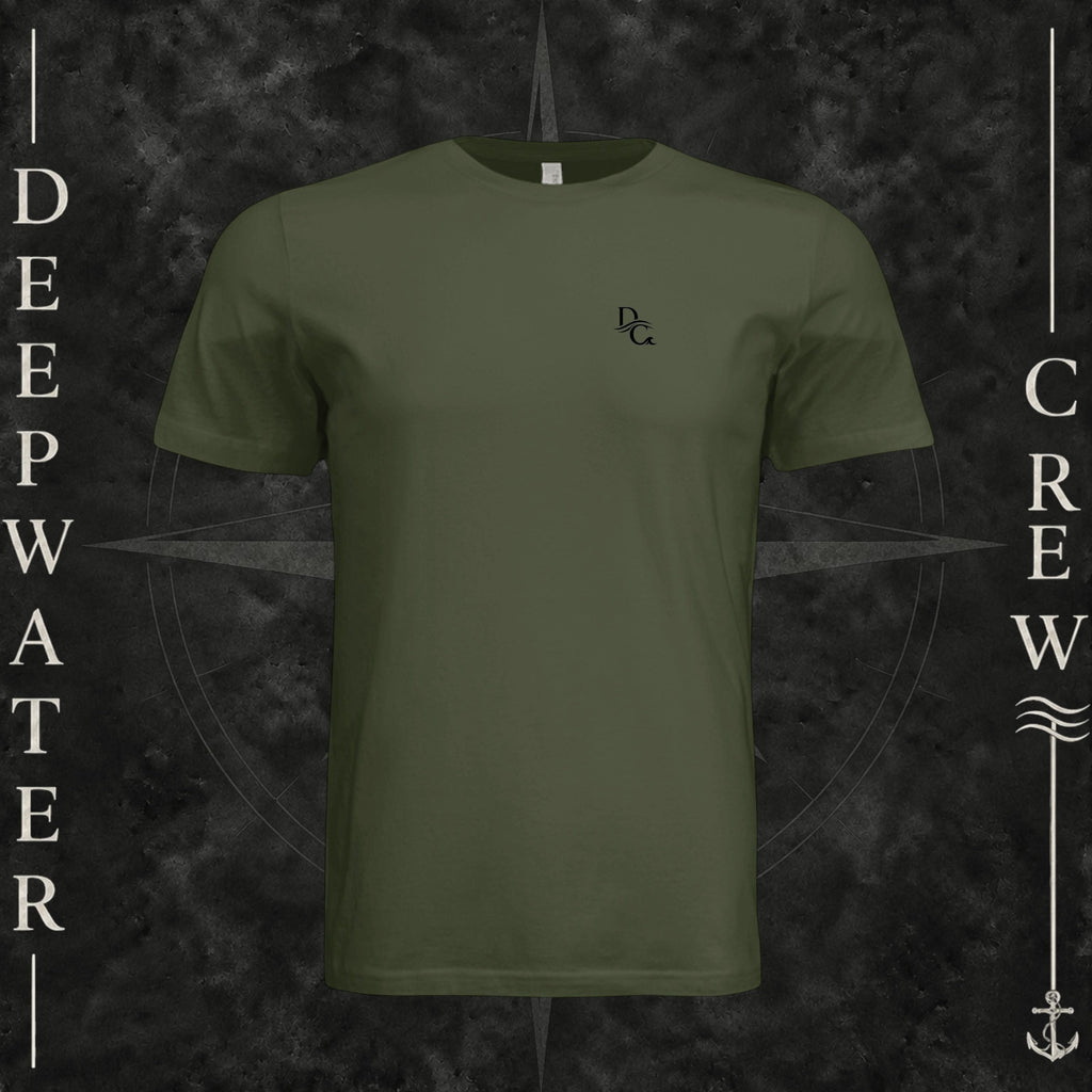 Military Green Deepwater Crew Co. Deep 2 Deep crewneck T-shirt, front view with small DC wave chest logo.
