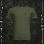 Military Green Deepwater Crew Co. Deep 2 Deep crewneck T-shirt, front view with small DC wave chest logo.