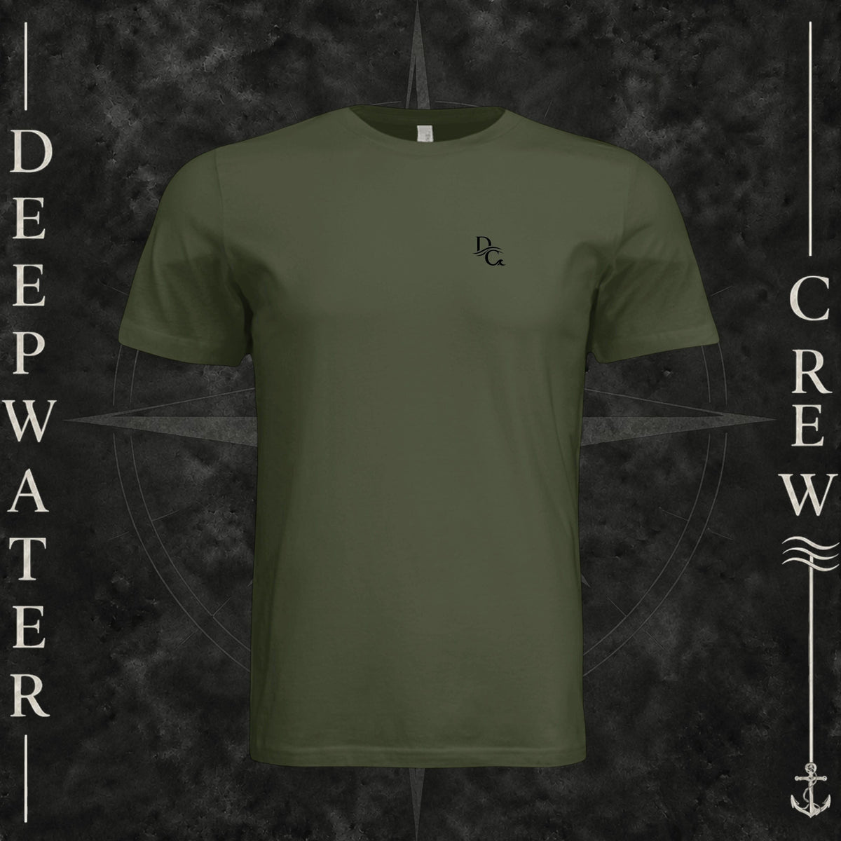Military Green Deepwater Crew Co. Deep 2 Deep crewneck T-shirt, front view with small DC wave chest logo.
